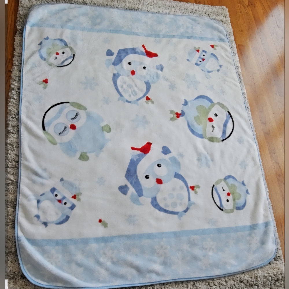 Vtg Shavel 60" x 80" Warm Fleece Throw Blanket Blue White Holiday Winter Owls